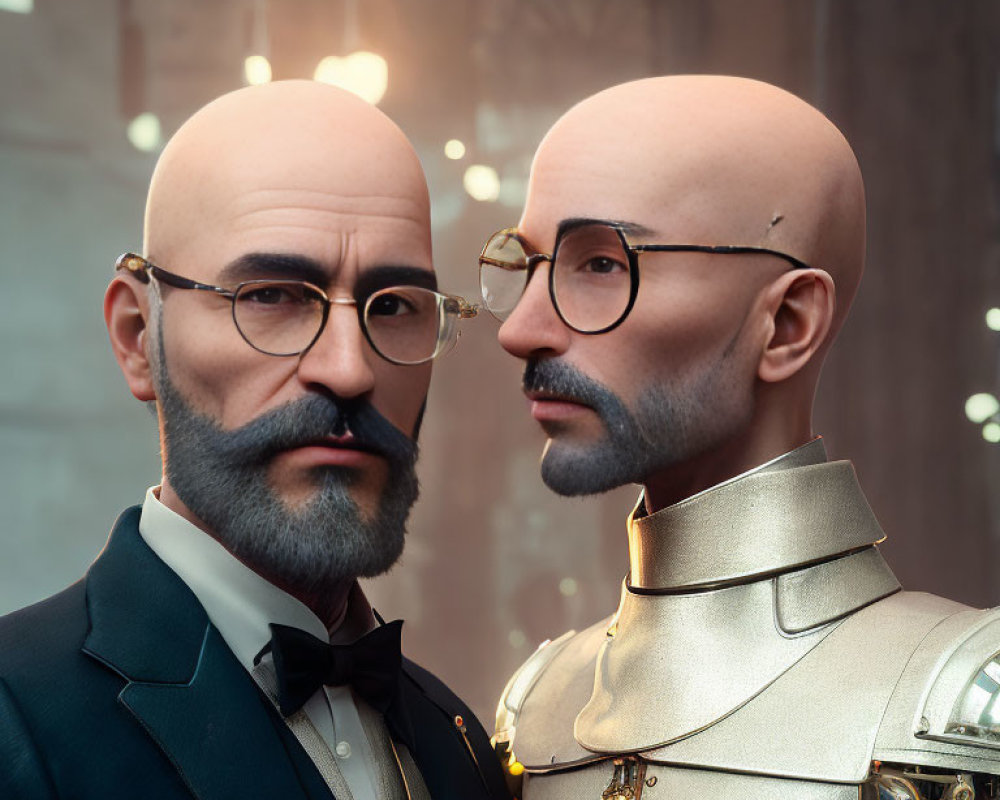 Identical bald male figures in 3D: one in military uniform, the other in formal suit