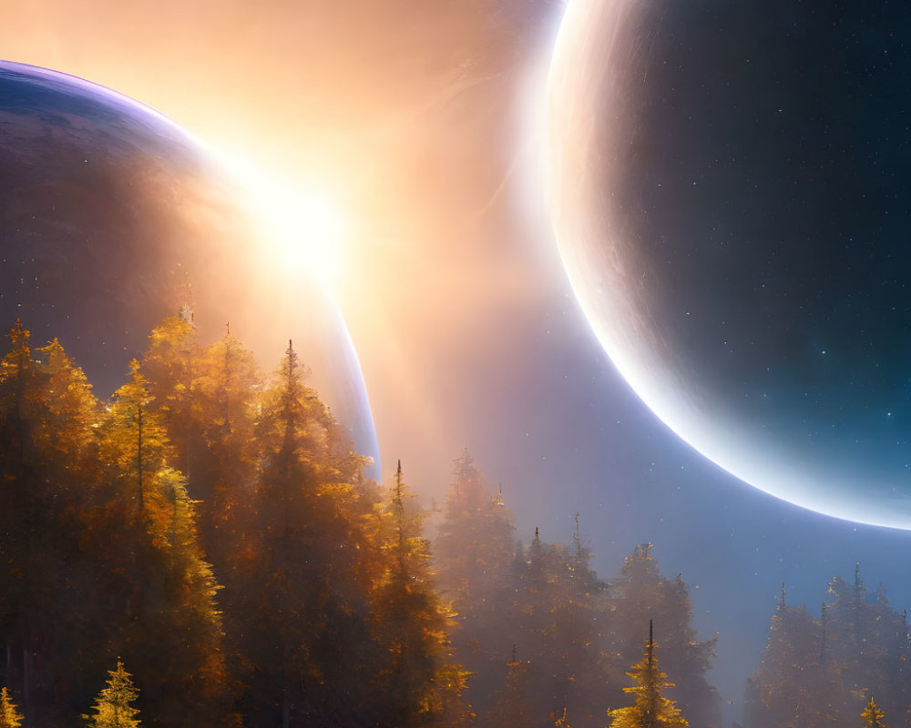 Sci-fi landscape with forest and massive planets in background