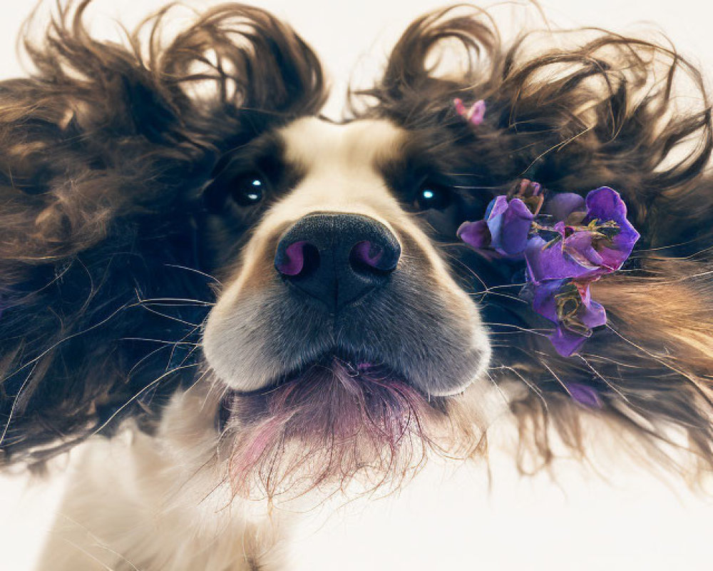 Wavy-Haired Dog Holding Purple Flowers on White Background