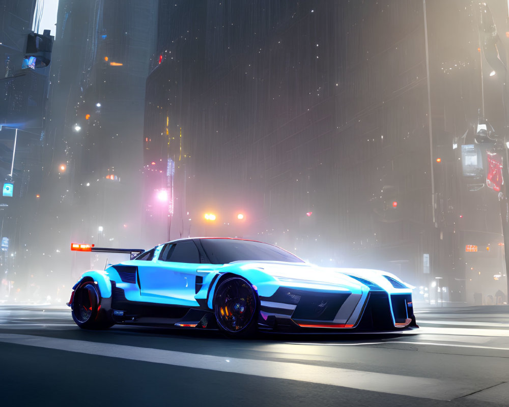 Futuristic blue and white race car in city night scene