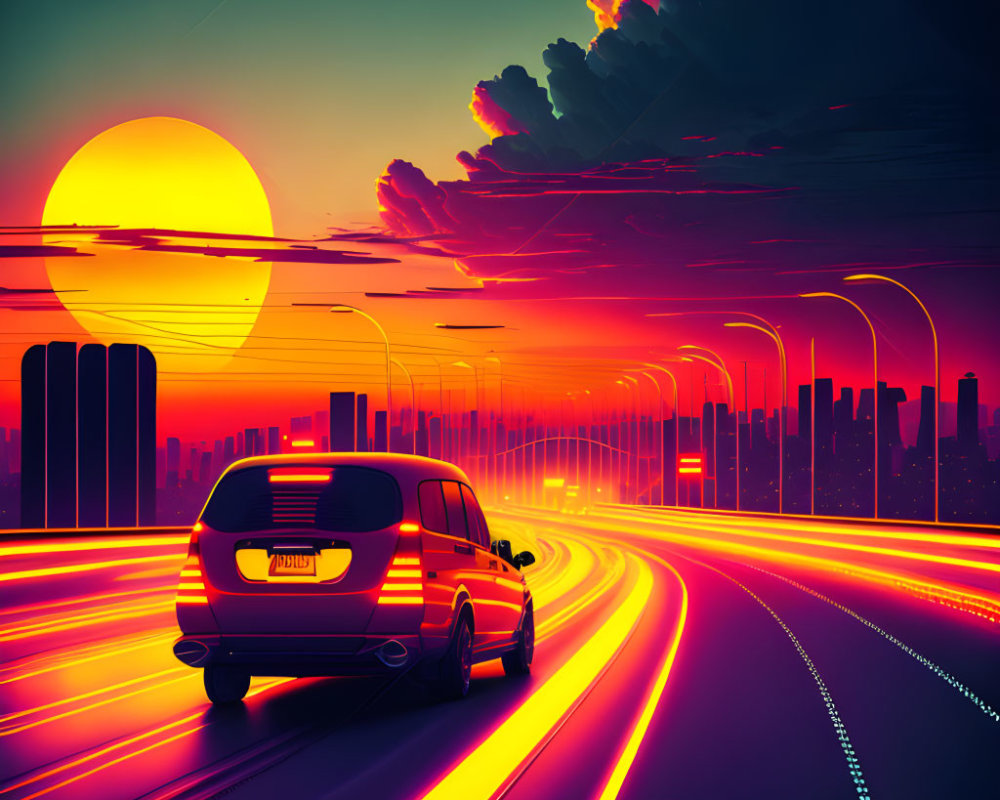 Vibrant neon sunset cityscape with highway van and glowing sun