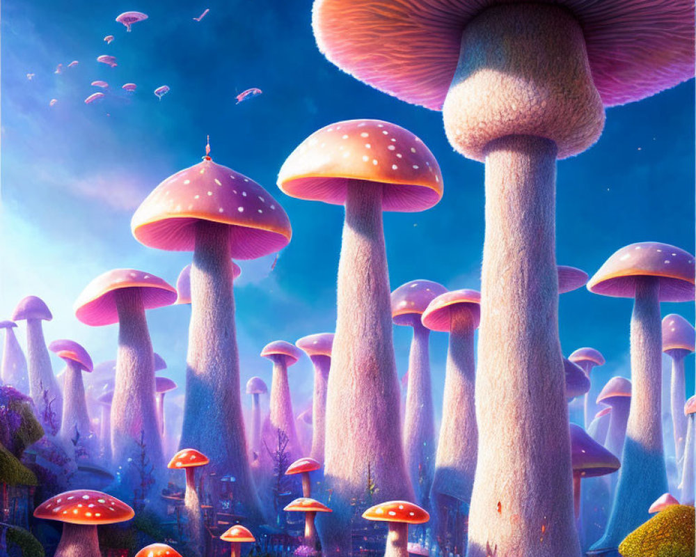 Colorful Mushroom Forest Illustration with Towering Fungi