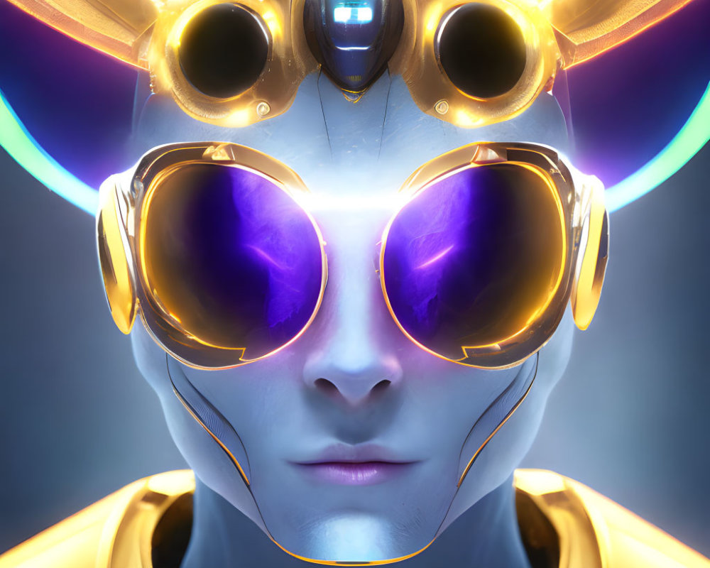 Golden helmet with purple lenses and blue visor in futuristic setting