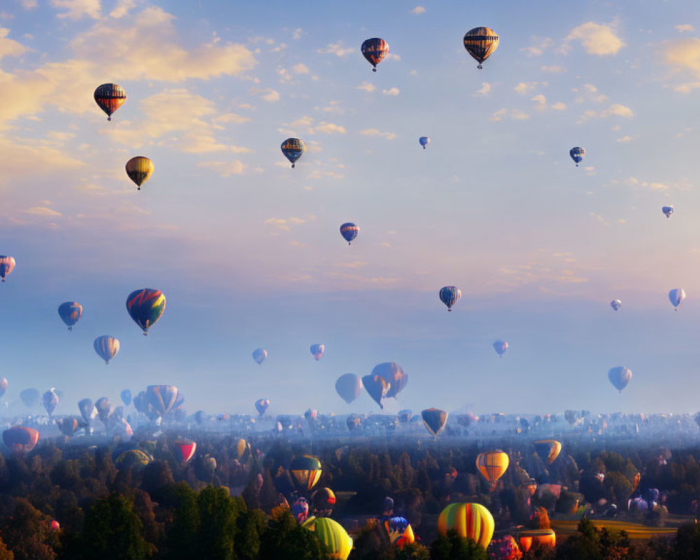 Numerous hot air balloons float over serene landscape at sunset