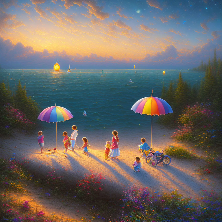 Colorful umbrellas on seaside path at sunset with sailing boats and lanterns in distance