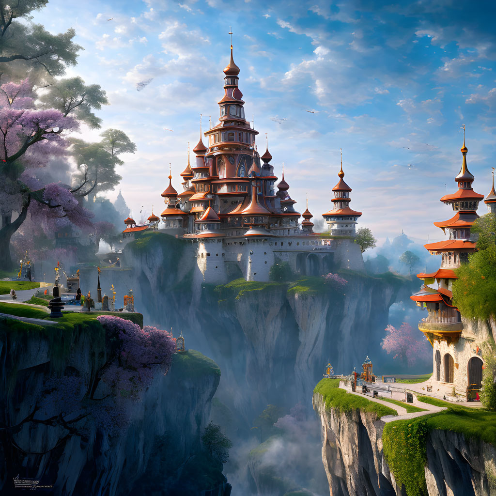 Fantasy castle with spires on cliff, cherry blossoms, lush greenery & pathway