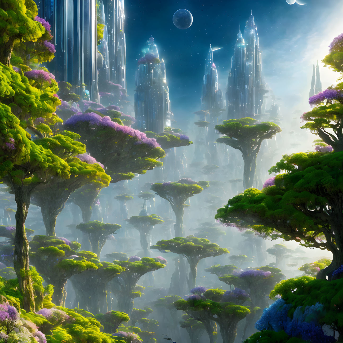 Vibrant alien forest with teal crystal spires and violet flora