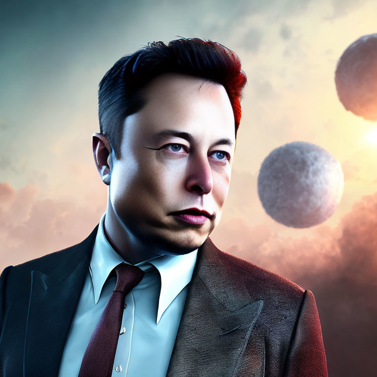 Stylized portrait of a man in suit against cosmic backdrop