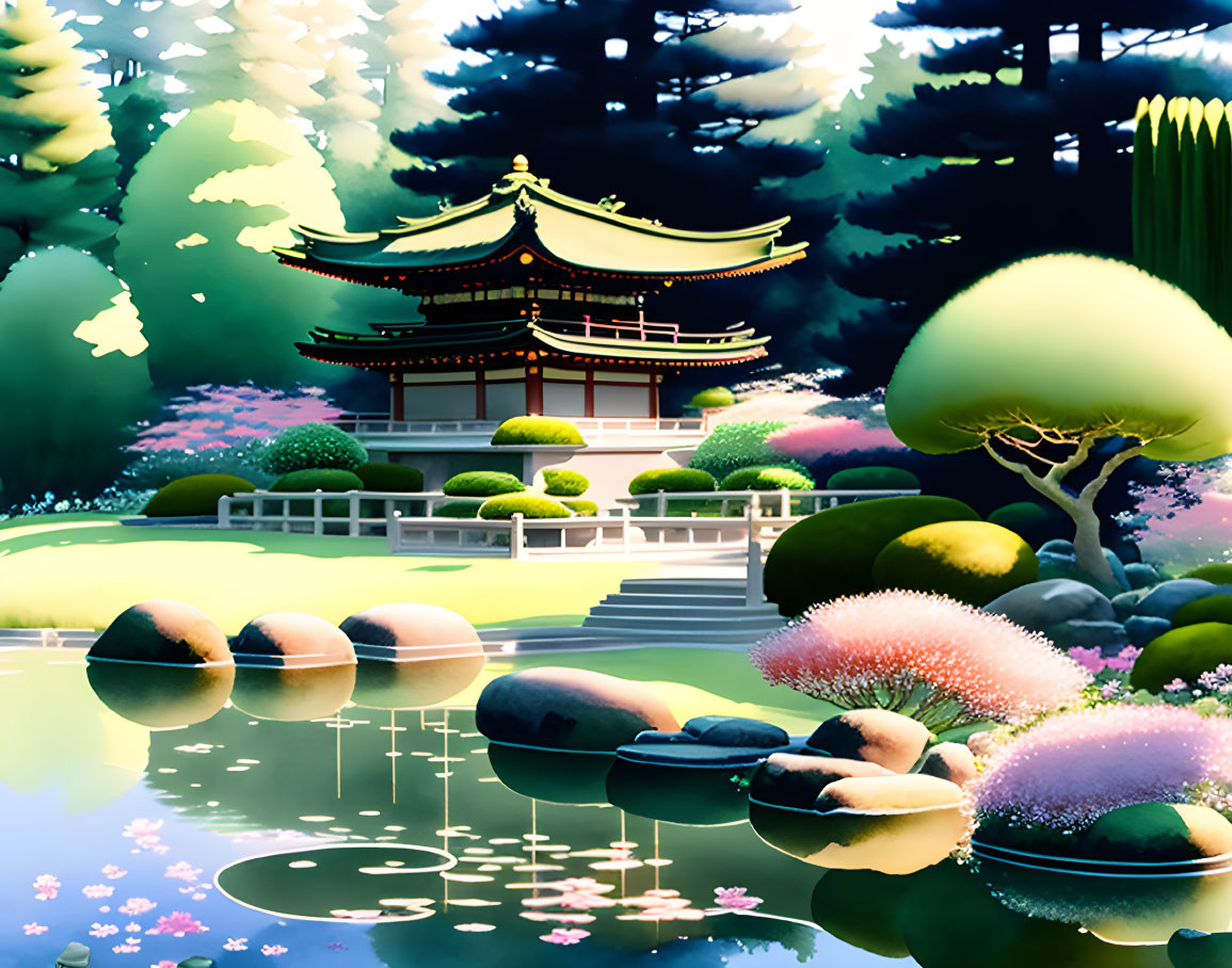 Traditional Japanese Garden with Pagoda, Pond, Stepping Stones, and Foliage in Illuminated