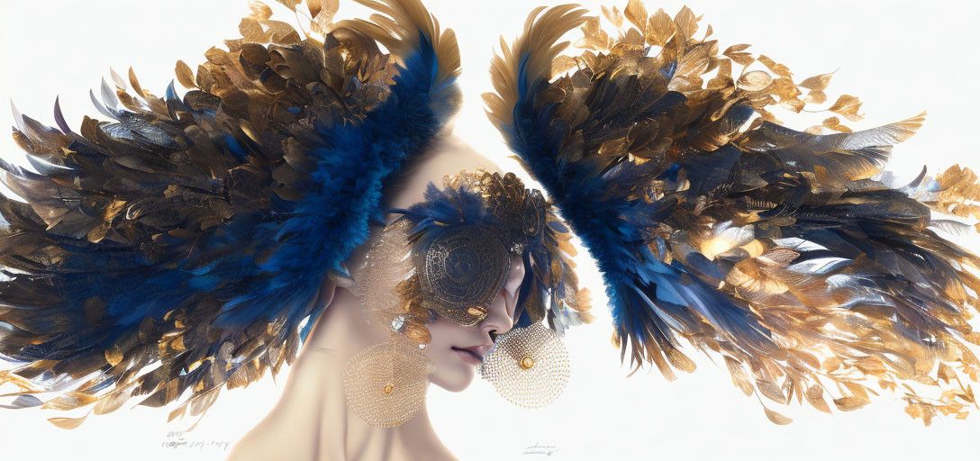 Woman with Ornate Gold and Blue Mask Surrounded by Feathers