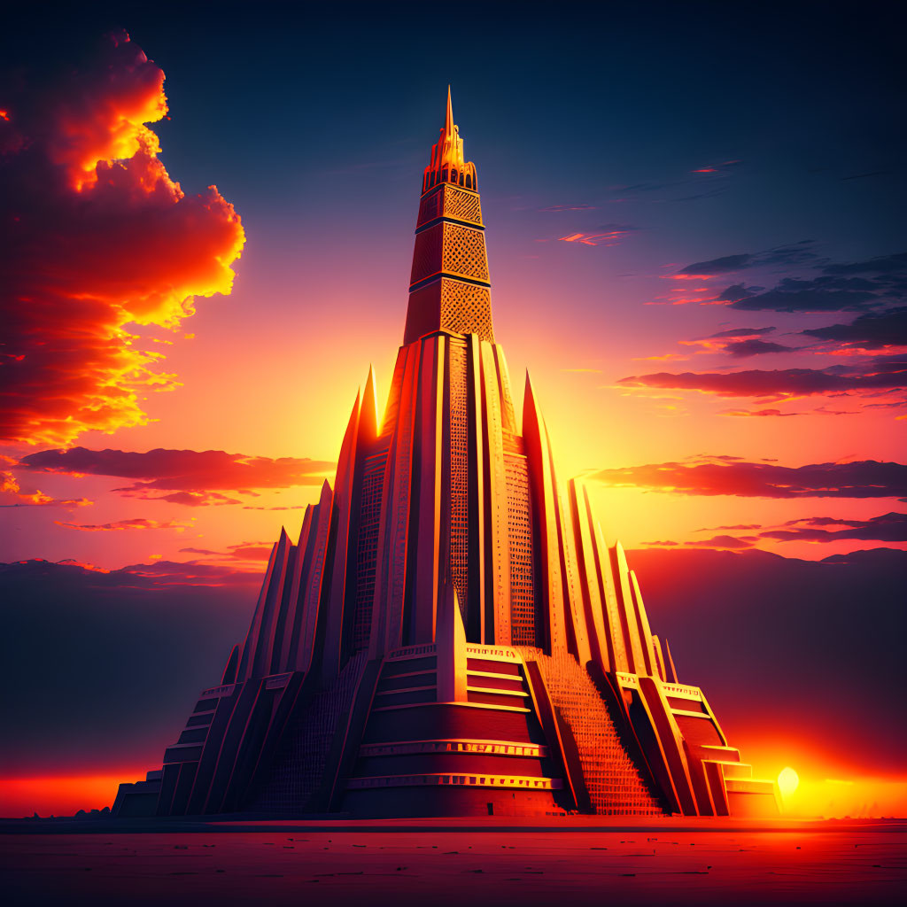 Futuristic skyscraper against vibrant sunset hues