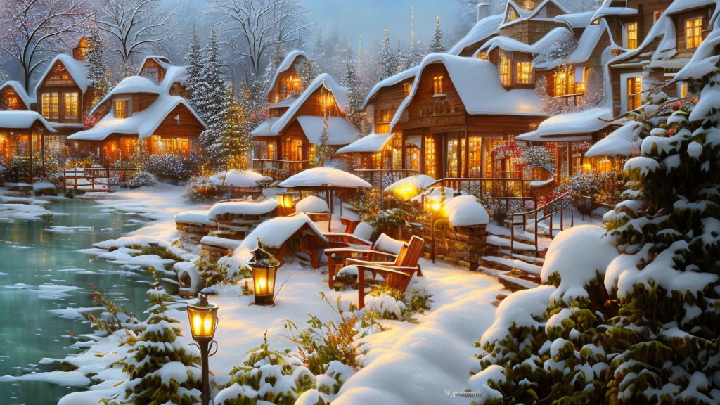 Winter village scene with glowing houses and street lamps by icy river at dusk