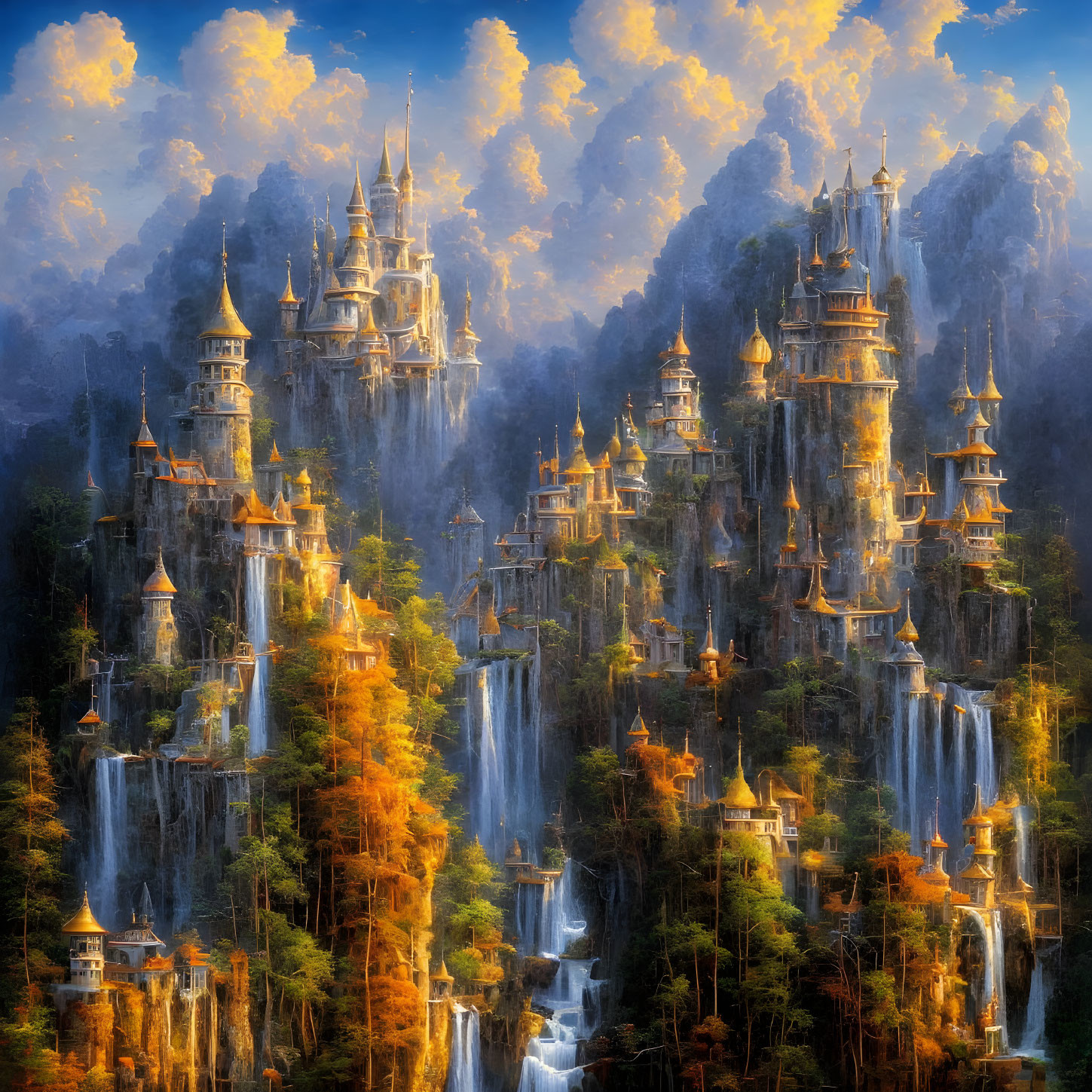 Majestic golden-lit castles in a fantastical landscape