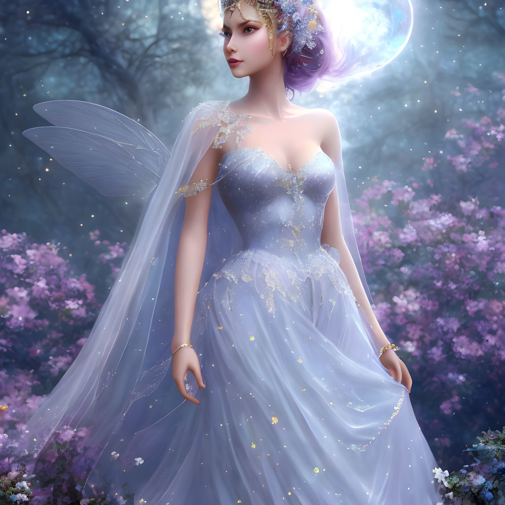 Fantasy illustration: fairy with translucent wings in mystical pink-flowered forest