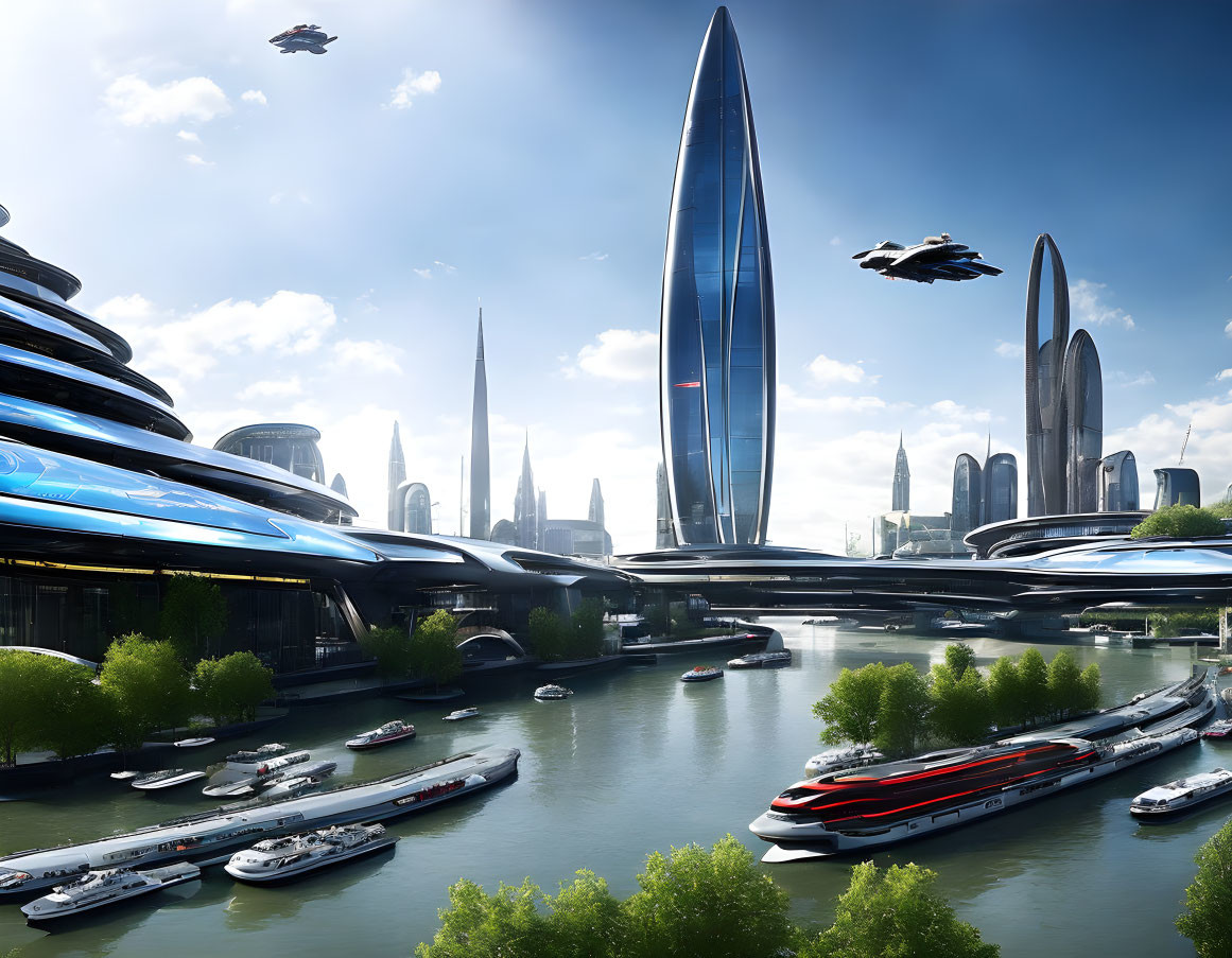 Sleek skyscrapers, flying vehicles, river boats in futuristic cityscape