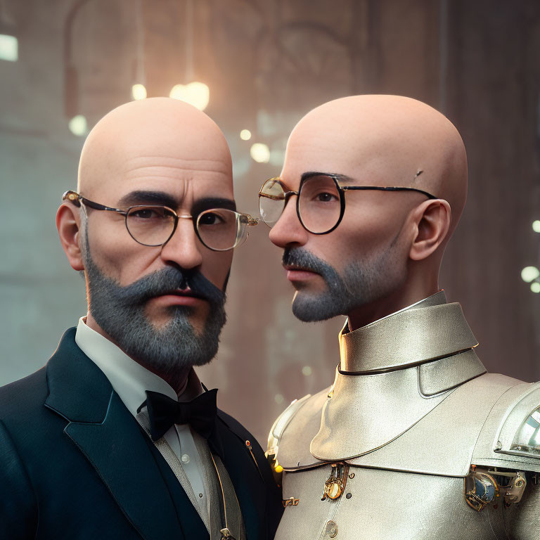 Identical bald male figures in 3D: one in military uniform, the other in formal suit