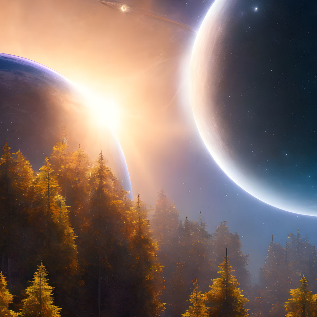 Sci-fi landscape with forest and massive planets in background