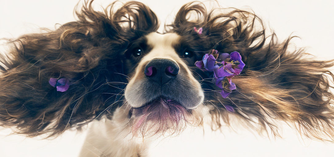 Wavy-Haired Dog Holding Purple Flowers on White Background