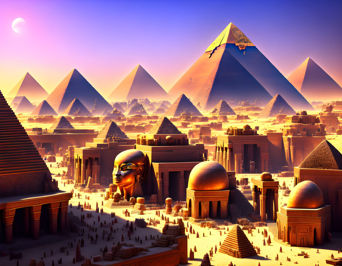 Ancient Egyptian Pyramids and Sphinx at Giza in Sunrise Scene