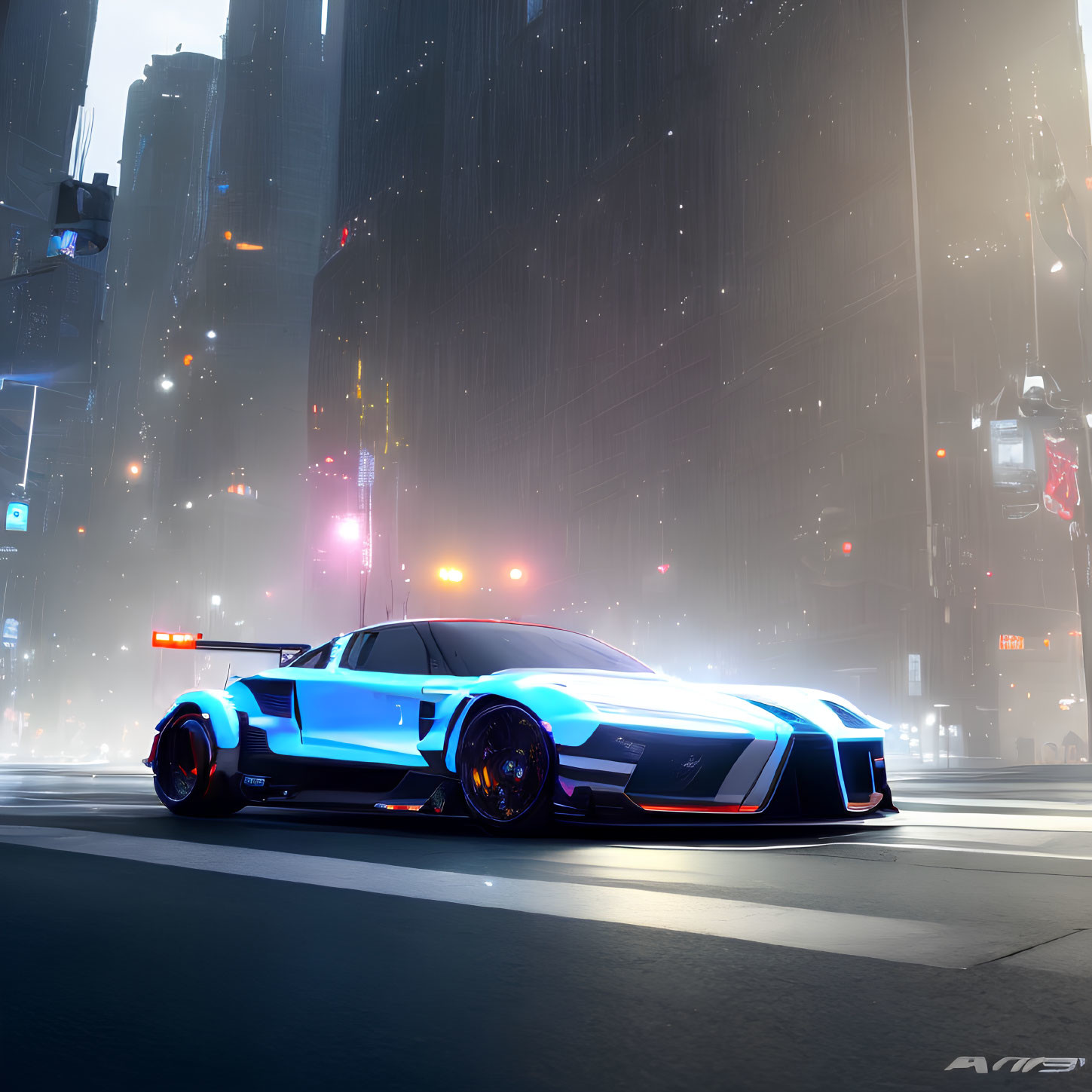 Futuristic blue and white race car in city night scene