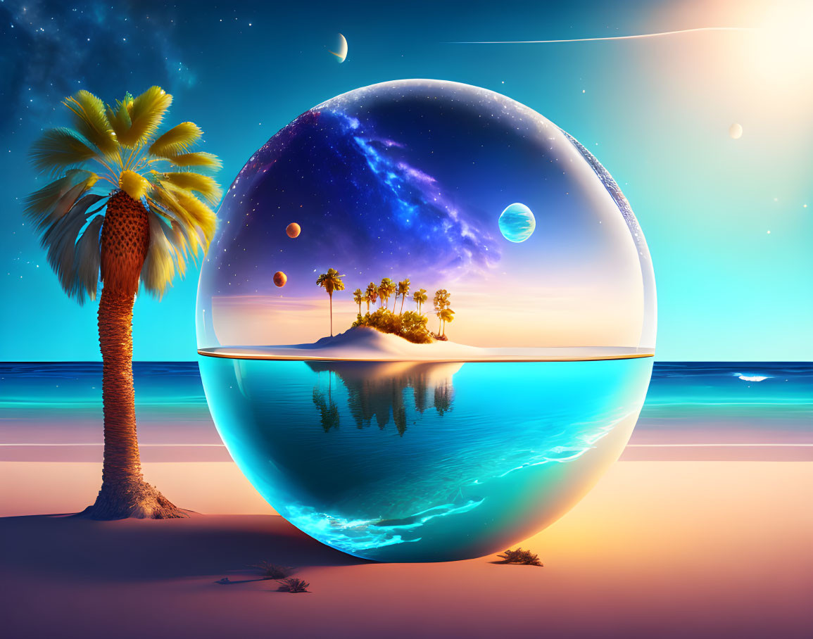 Surreal beach scene with reflective sphere and tropical island under starry sky