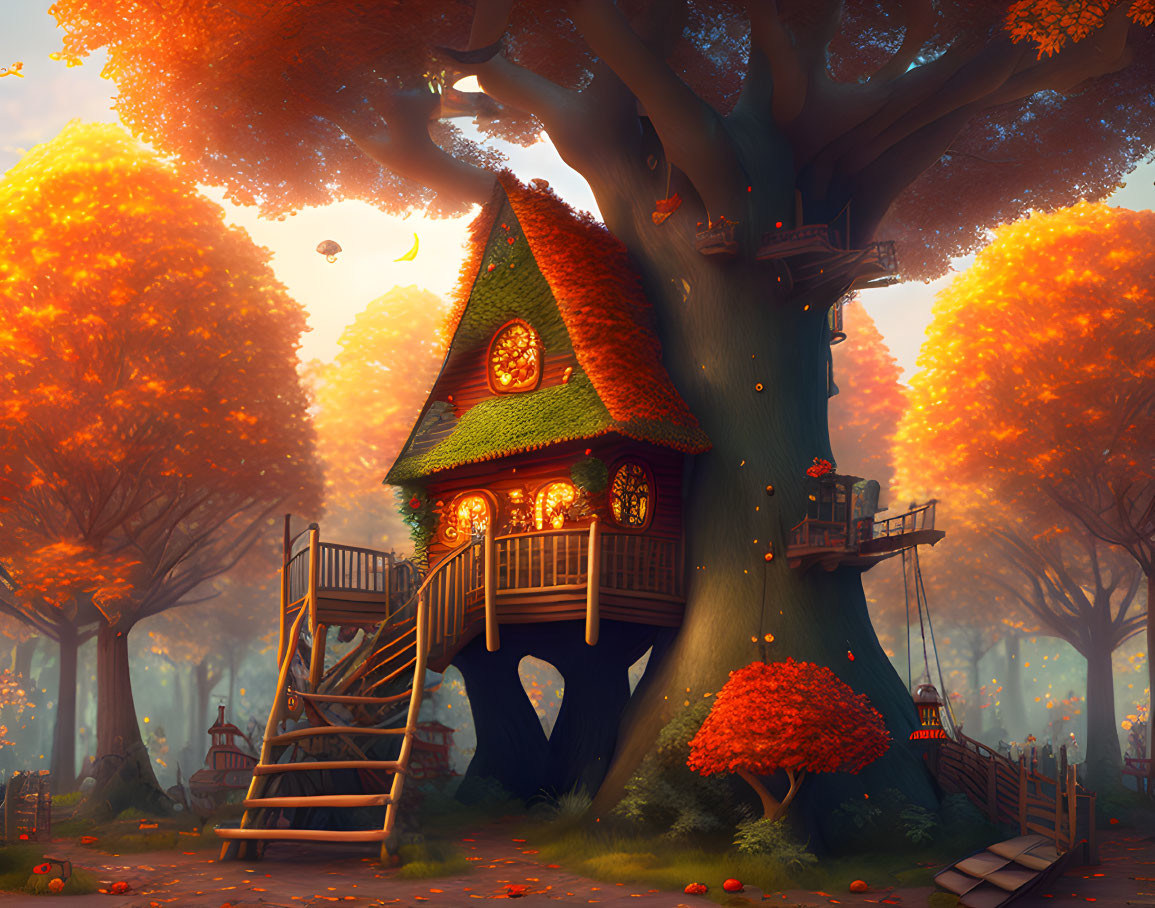 Whimsical treehouse with red roof in autumnal forest with wooden stairs