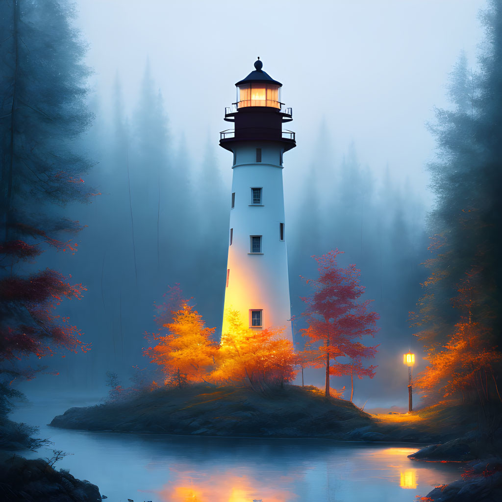 Tall lighthouse on islet at twilight with mist and autumnal trees