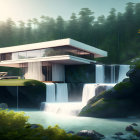 Contemporary house overlooking forest waterfall in sunlight