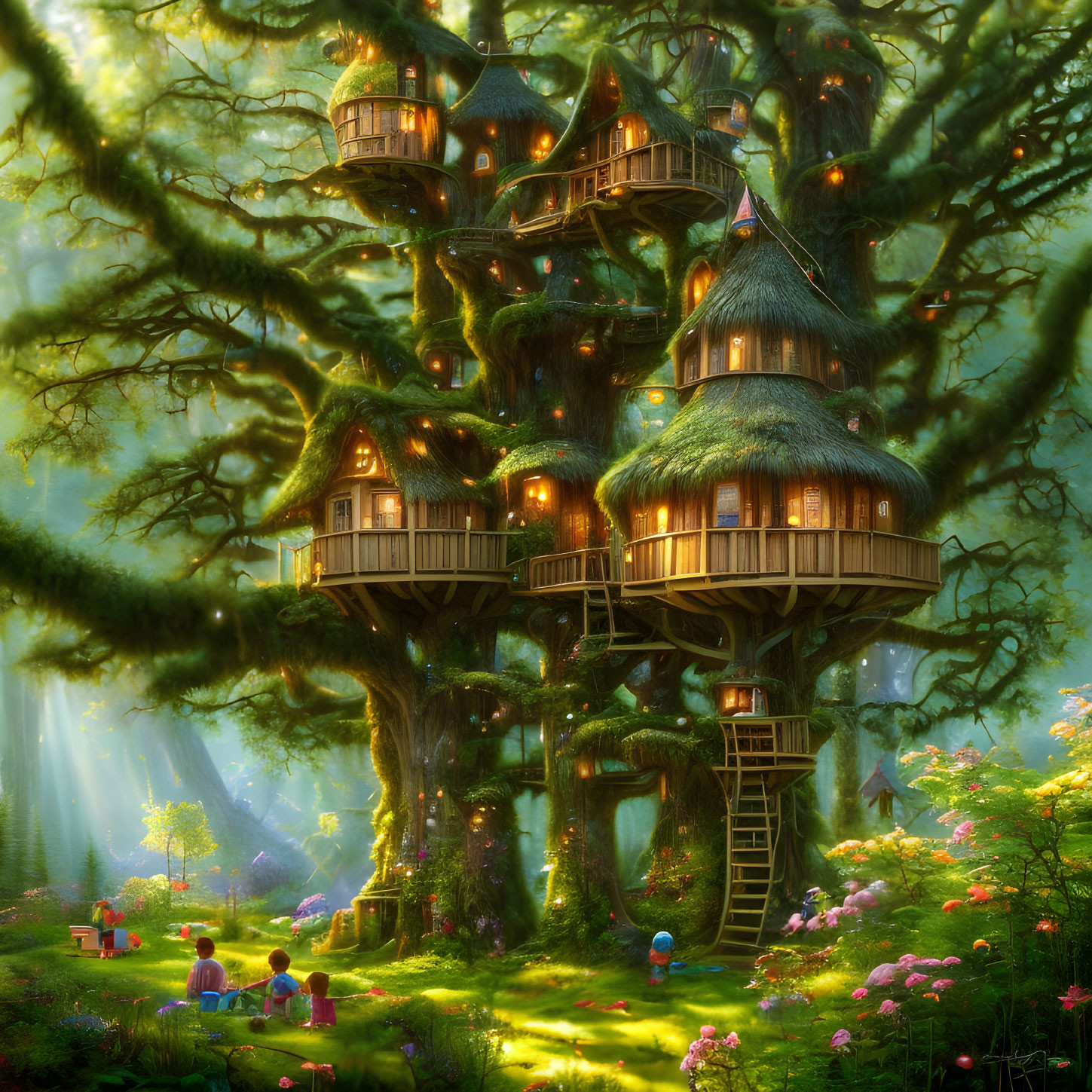 Enchanted forest treehouse with multiple levels and sunlit foliage