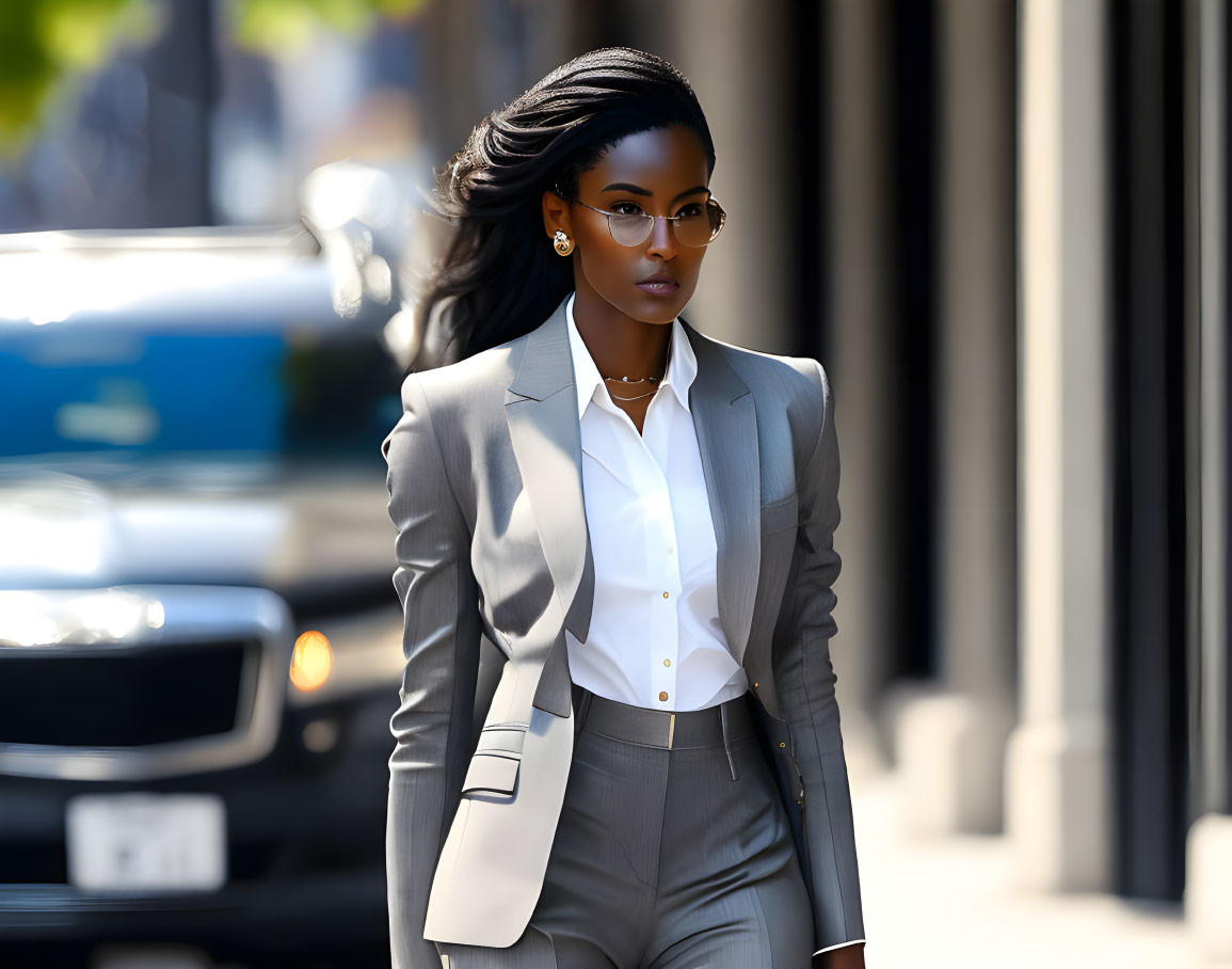 Confident Professional Woman in Gray Suit and Glasses on City Street