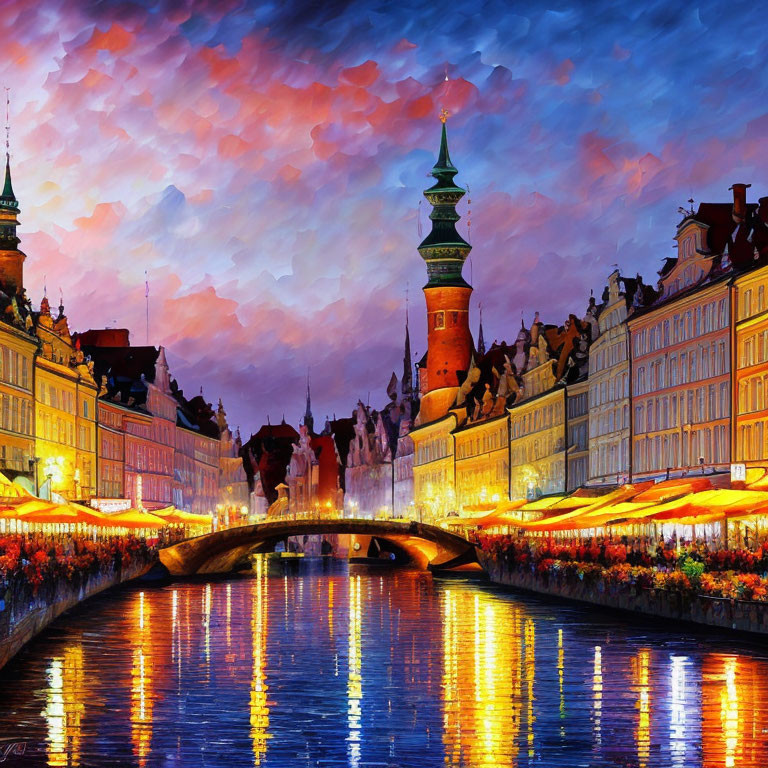 European Cityscape Painting: River, Bridge, and Colorful Sky at Dusk