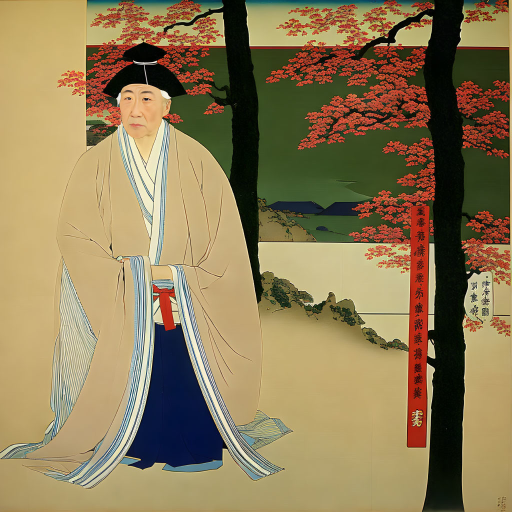 Traditional East Asian Painting of Standing Figure in Historical Attire Beside Blossoming Tree with Pink Flowers and