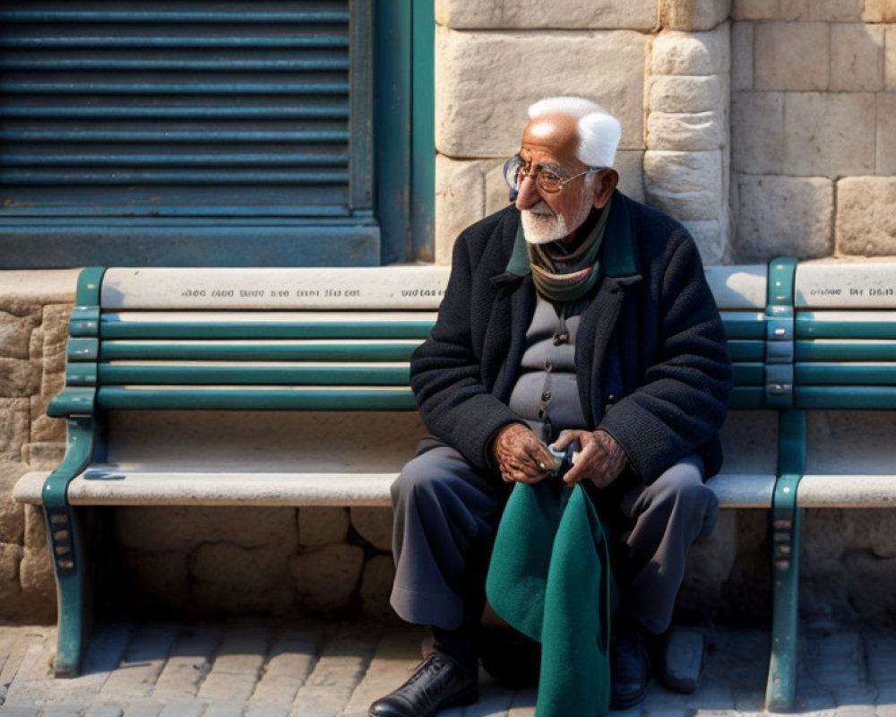 Elderly man with white beard and glasses sitting on bench by stone building