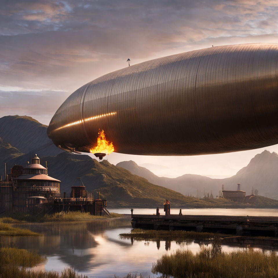 Burning airship over industrial coast at sunrise or sunset