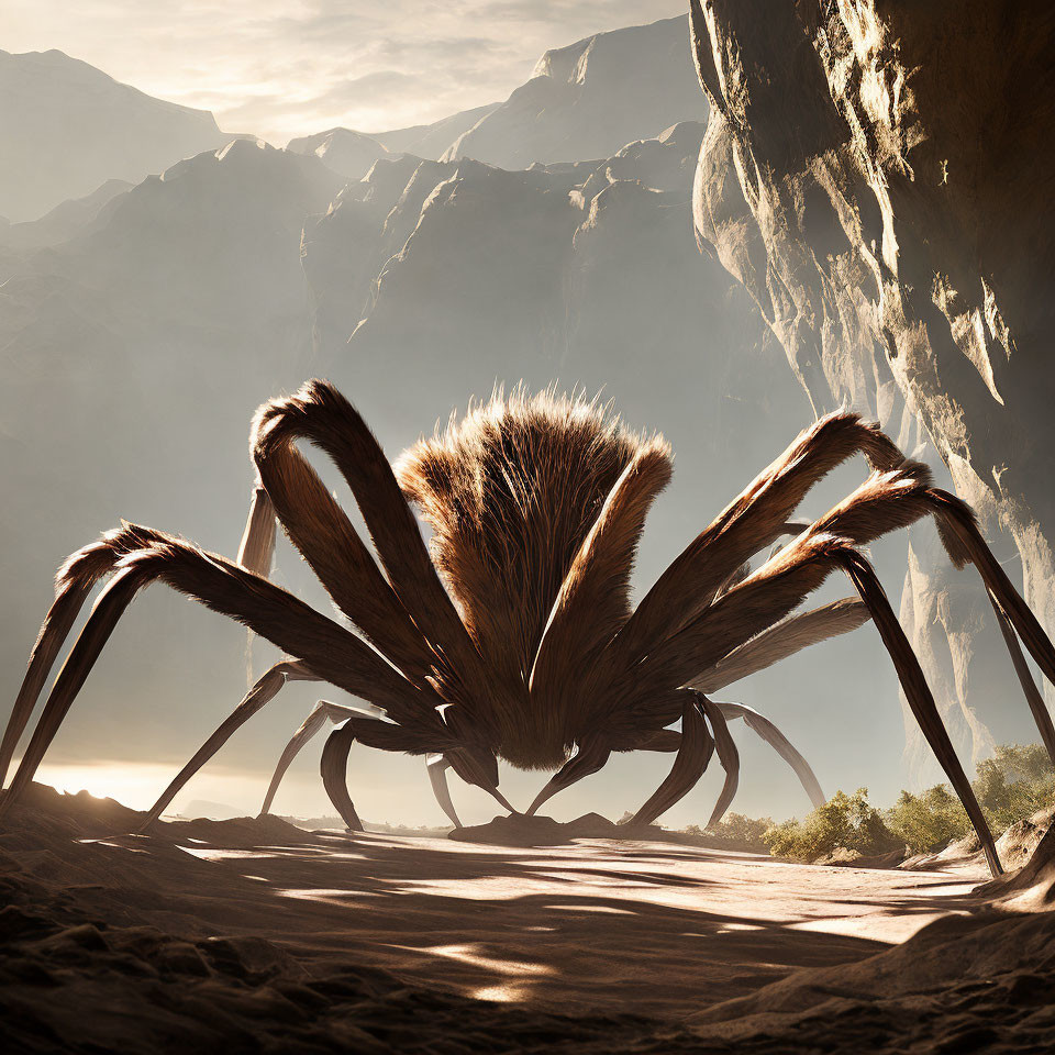 Giant hairy spider in desert landscape with sunlight piercing legs