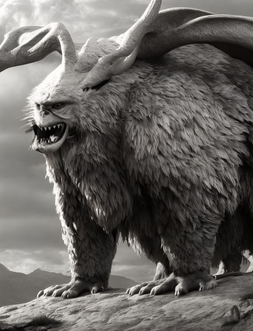 Monochrome image of fantastical creature with horns and fangs on rocky outcrop