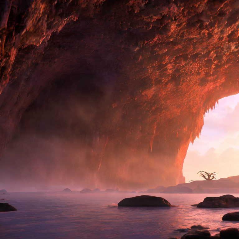 Stalactite-filled cave overlooking serene purple seascape