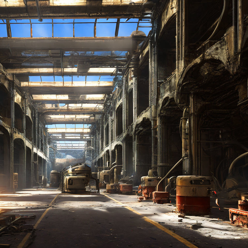 Decaying factory interior with sunlight on rusted machinery