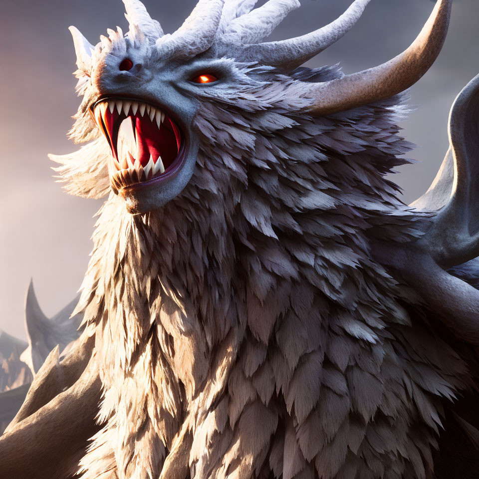 White dragon with red eyes and sharp horns against dark sky