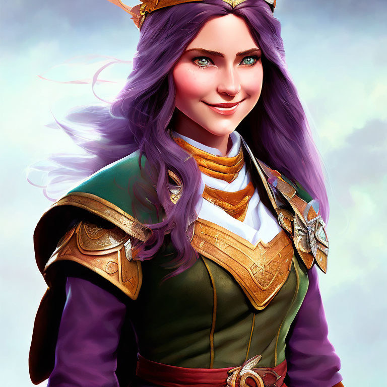 Smiling woman with purple hair in green armor and golden crown