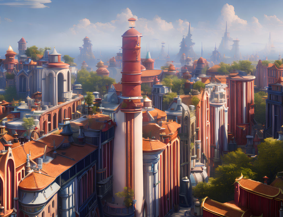 Fantastical cityscape with towering spires and warm glow under blue sky