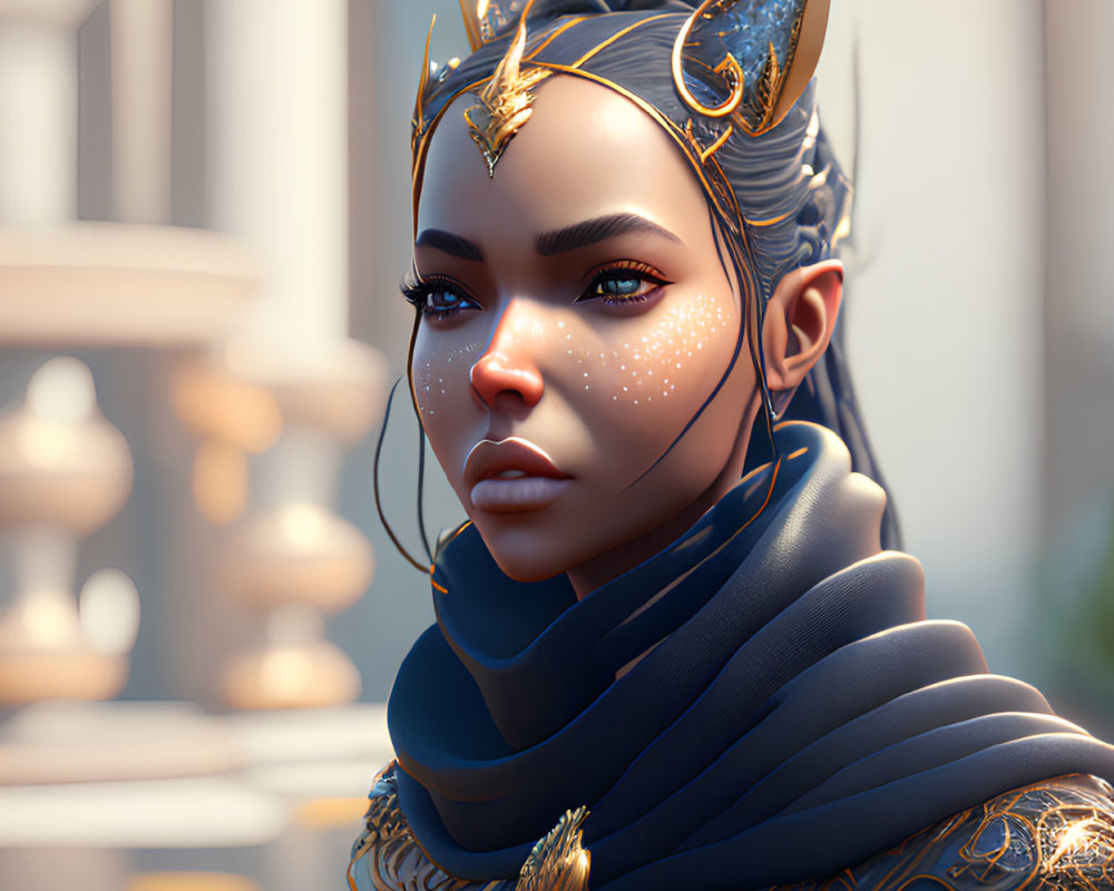 Fantasy Female Character 3D Illustration with Golden Headpiece and Black Clothing