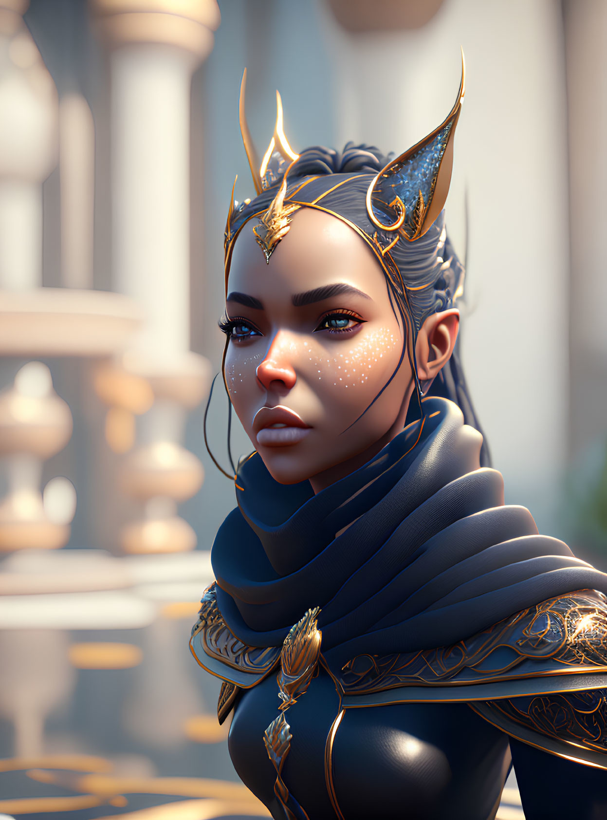 Fantasy Female Character 3D Illustration with Golden Headpiece and Black Clothing