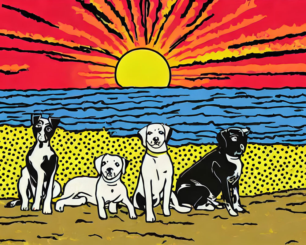 Colorful Pop Art Style Illustration of Four Dogs on Beach at Sunset