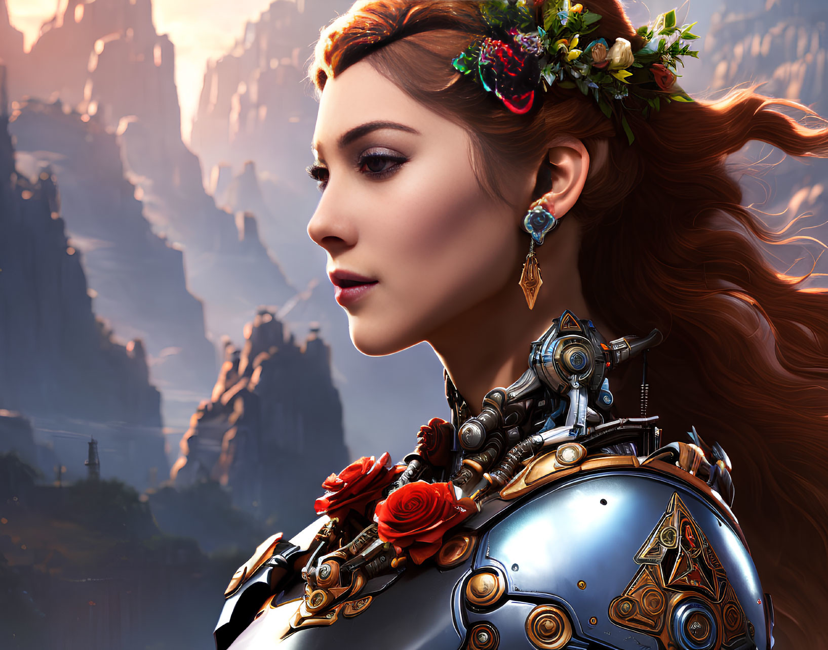 Digital artwork featuring woman with mechanical shoulder armor and floral headpiece