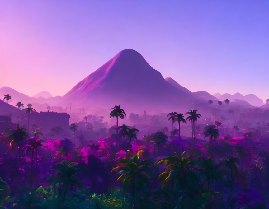 Colorful digital artwork of tropical landscape with mountain under purple sky