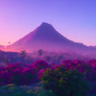 Colorful digital artwork of tropical landscape with mountain under purple sky