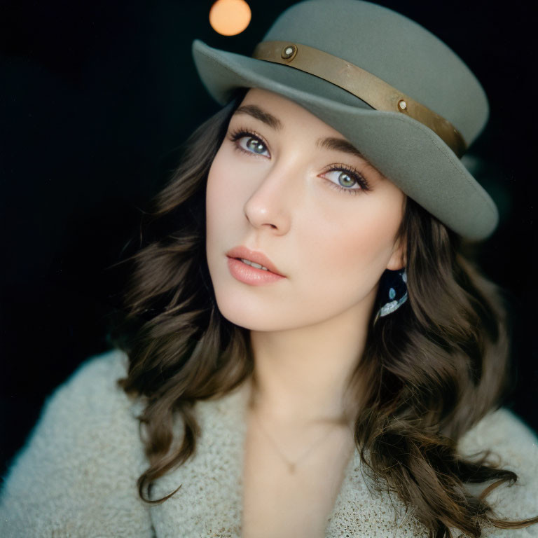 Woman in Tan Hat and White Coat Portrait Against Dark Background