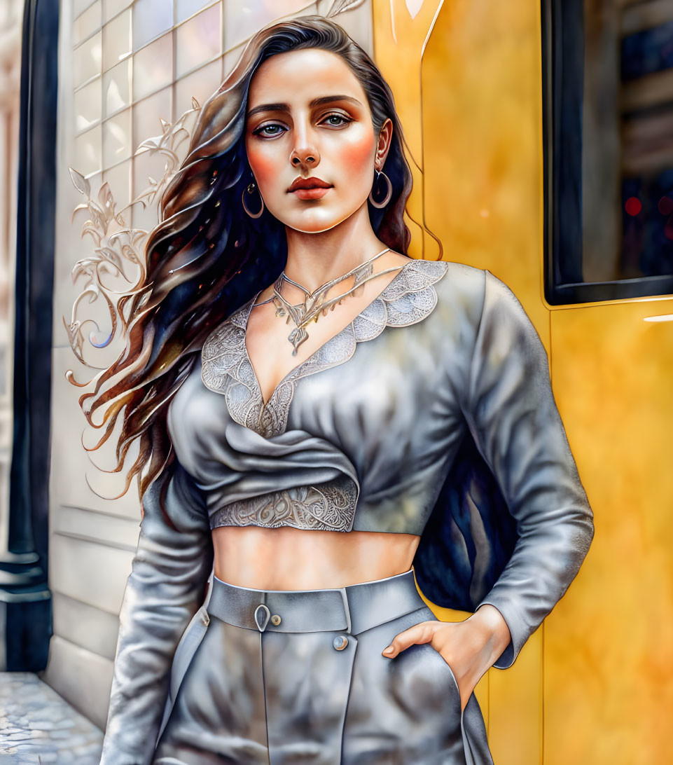 Digital artwork: Woman with long wavy hair in stylish gray outfit posing confidently in urban setting with warm