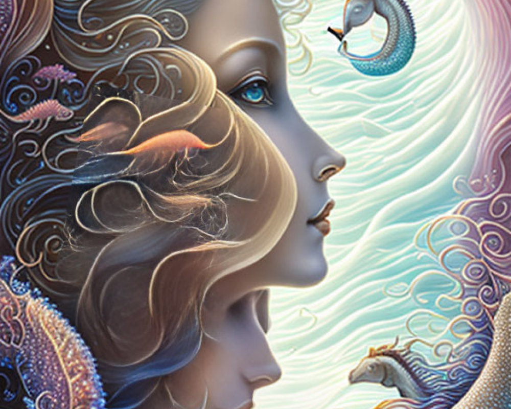 Vibrant surreal artwork: Women's profiles with flowing hair, ocean waves, sea creatures, celestial